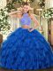 Beading and Ruffles 15 Quinceanera Dress Royal Blue Criss Cross Sleeveless Floor Length