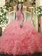 Low Price Organza High-neck Sleeveless Lace Up Beading and Ruffles and Pick Ups 15 Quinceanera Dress in Watermelon Red