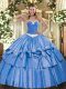 Blue Organza and Taffeta Lace Up Quinceanera Dress Sleeveless Floor Length Appliques and Ruffled Layers