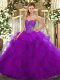 Simple Purple Tulle Lace Up Quince Ball Gowns Sleeveless Floor Length Beading and Ruffles
