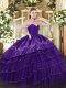 Sleeveless Floor Length Embroidery and Ruffled Layers Zipper Quince Ball Gowns with Purple