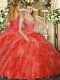 Red Sweet 16 Dresses Military Ball and Sweet 16 and Quinceanera with Beading and Ruffles V-neck Sleeveless Lace Up