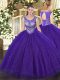 Tulle and Sequined Scoop Sleeveless Lace Up Beading Sweet 16 Quinceanera Dress in Purple