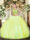 Hot Selling Yellow Green Two Pieces Scoop Sleeveless Tulle Floor Length Lace Up Beading and Ruffles Quinceanera Dress