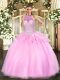 Deluxe Pink Ball Gowns Halter Top Sleeveless Tulle Floor Length Lace Up Beading Sweet 16 Dresses