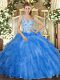 Ideal Straps Sleeveless Lace Up 15 Quinceanera Dress Blue Organza