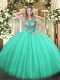 Floor Length Turquoise 15 Quinceanera Dress Tulle and Sequined Sleeveless Beading