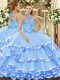 Extravagant Floor Length Baby Blue Quinceanera Gown Halter Top Sleeveless Lace Up