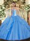 Popular Baby Blue Sweetheart Neckline Beading and Ruffles Ball Gown Prom Dress Sleeveless Lace Up