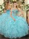 Aqua Blue Ball Gowns Beading and Ruffled Layers Sweet 16 Quinceanera Dress Lace Up Tulle Sleeveless Floor Length