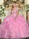 Traditional Rose Pink Strapless Lace Up Appliques and Ruffles Quinceanera Gown Sleeveless