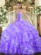 Luxury Lavender Organza Lace Up Sweetheart Sleeveless Floor Length Quinceanera Dress Beading and Ruffled Layers