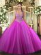 Wonderful Sleeveless Floor Length Beading Lace Up 15 Quinceanera Dress with Fuchsia