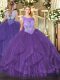 Scoop Sleeveless Tulle Quinceanera Dresses Beading and Ruffles Lace Up