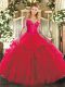 Gorgeous Red Long Sleeves Tulle Lace Up 15th Birthday Dress for Military Ball and Sweet 16 and Quinceanera