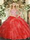Straps Sleeveless Organza Ball Gown Prom Dress Beading and Ruffles Lace Up