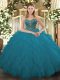 Teal Ball Gowns Sweetheart Sleeveless Tulle Floor Length Lace Up Beading and Ruffled Layers Sweet 16 Dresses