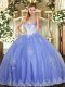 Cute Blue Sleeveless Floor Length Beading and Appliques Lace Up Quinceanera Gowns