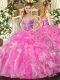 Designer Organza Sweetheart Sleeveless Lace Up Beading and Ruffles Quinceanera Gowns in Rose Pink