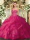 Hot Pink Ball Gowns Beading and Ruffles Ball Gown Prom Dress Lace Up Tulle Sleeveless Floor Length