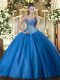 Colorful Blue Ball Gowns Tulle Sweetheart Sleeveless Beading Floor Length Lace Up Quinceanera Gowns