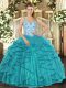 Hot Sale Tulle Straps Sleeveless Lace Up Beading and Ruffles 15th Birthday Dress in Teal