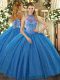 Perfect Sleeveless Floor Length Beading and Embroidery Lace Up Vestidos de Quinceanera with Blue