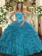 Romantic Teal Strapless Lace Up Beading and Ruffles Sweet 16 Quinceanera Dress Sleeveless