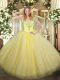 Customized Floor Length Light Yellow Quince Ball Gowns Tulle Sleeveless Beading
