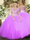 Fabulous Lilac Ball Gowns Scoop Sleeveless Tulle Floor Length Clasp Handle Beading Quinceanera Dress