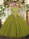 Olive Green Sleeveless Beading Floor Length Quinceanera Gowns