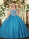 New Arrival Sleeveless Floor Length Beading Lace Up Sweet 16 Dresses with Teal
