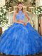 Glorious Teal Two Pieces Beading and Ruffles Quinceanera Dress Criss Cross Tulle Sleeveless Floor Length