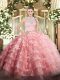 Watermelon Red Zipper Quinceanera Gown Lace and Ruffled Layers Sleeveless Floor Length