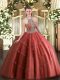 Charming Wine Red Ball Gowns Tulle Halter Top Sleeveless Beading and Appliques Floor Length Lace Up Sweet 16 Quinceanera Dress