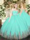 Perfect Sweetheart Sleeveless Vestidos de Quinceanera Floor Length Beading and Lace and Appliques Apple Green Tulle