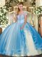 Romantic Baby Blue Ball Gowns Tulle Strapless Sleeveless Appliques and Ruffles Floor Length Lace Up Vestidos de Quinceanera