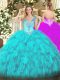Floor Length Lace Up 15 Quinceanera Dress Aqua Blue for Military Ball and Sweet 16 and Quinceanera with Beading and Ruffles