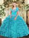 Custom Designed Aqua Blue Sweetheart Lace Up Beading and Ruffles Quince Ball Gowns Sleeveless