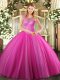 Fashion Hot Pink Ball Gowns Beading Sweet 16 Dress Lace Up Tulle Sleeveless Floor Length