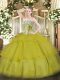 Designer Olive Green Ball Gowns Strapless Sleeveless Tulle Floor Length Lace Up Beading and Ruffled Layers Vestidos de Quinceanera