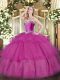 Fuchsia Tulle Lace Up 15th Birthday Dress Sleeveless Floor Length Beading and Ruffled Layers