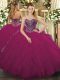 Flare Floor Length Lace Up Quinceanera Dresses Fuchsia for Military Ball and Sweet 16 and Quinceanera with Beading and Ruffled Layers