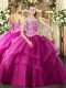 Fuchsia Sweetheart Lace Up Beading and Ruffled Layers 15 Quinceanera Dress Sleeveless