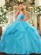 Ball Gowns 15th Birthday Dress Aqua Blue Straps Tulle Sleeveless Floor Length Lace Up
