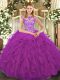 Eggplant Purple Organza Lace Up 15 Quinceanera Dress Cap Sleeves Floor Length Beading and Ruffles