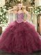 Sumptuous Floor Length Lace Up Quince Ball Gowns Burgundy for Military Ball and Sweet 16 and Quinceanera with Beading and Ruffles