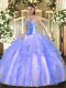 Blue Ball Gowns Sweetheart Sleeveless Tulle Floor Length Lace Up Beading and Ruffles Sweet 16 Quinceanera Dress