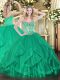 Dazzling Floor Length Turquoise 15 Quinceanera Dress Tulle Sleeveless Beading and Ruffles