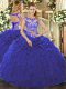 Fashionable Royal Blue Ball Gowns Beading and Ruffles Quinceanera Gown Lace Up Organza Cap Sleeves Floor Length